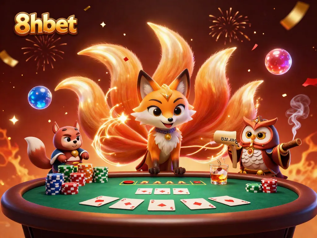Experience exhilarating gameplay with 8xbet, featuring vibrant characters and dynamic poker elements in a lush 3D illustration.