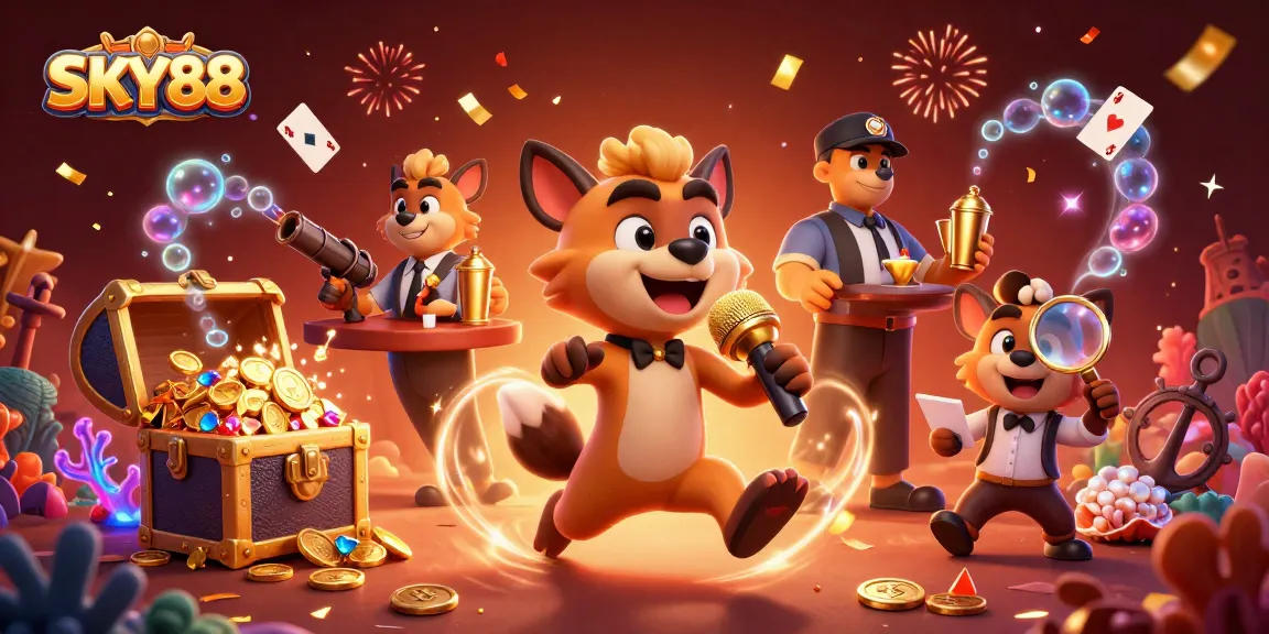 Experience the vibrant SKY88 comedy casino club with hyena characters in a lively 3D scene filled with exciting gaming elements.