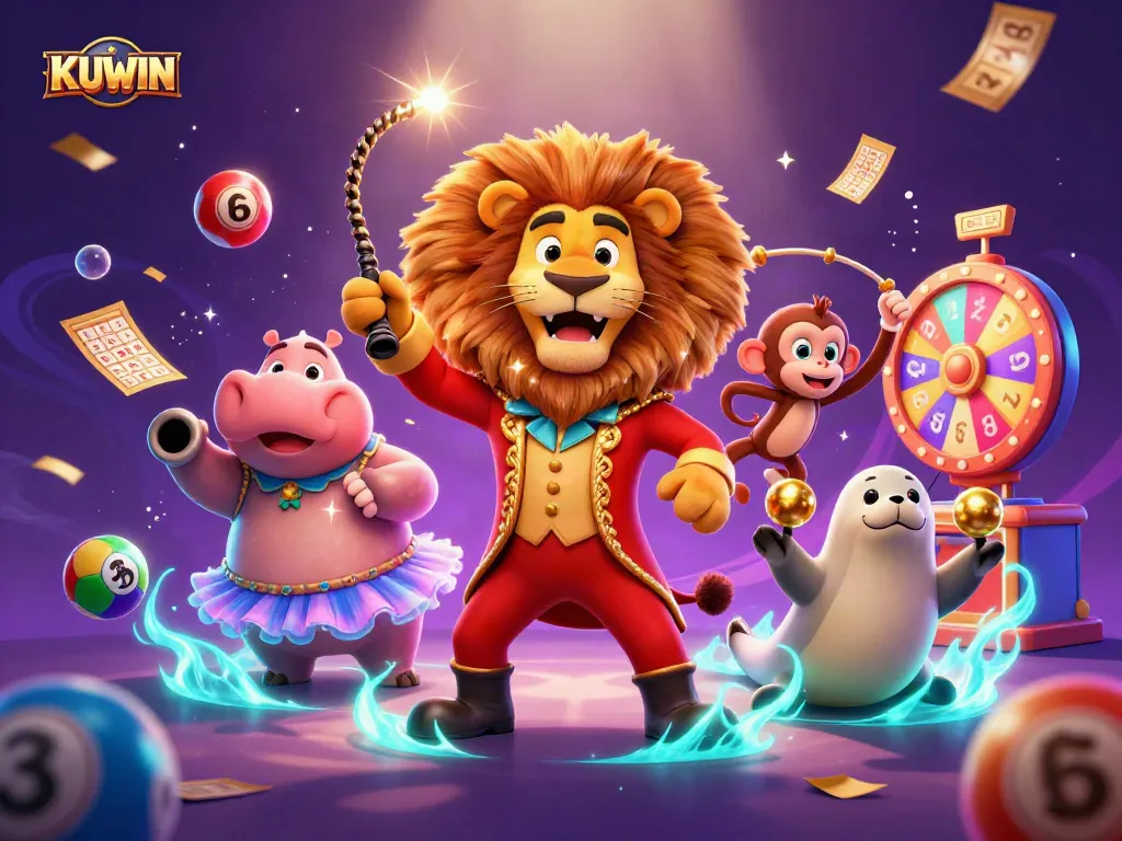 KUWIN offers exciting online gambling experiences with a vibrant casino illustration featuring lively characters and elements.
