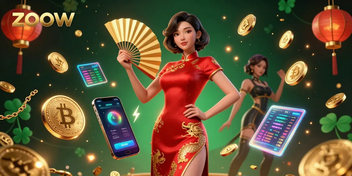 Win at zoow with an elegant Asian woman showcasing a vibrant casino scene filled with golden coins.