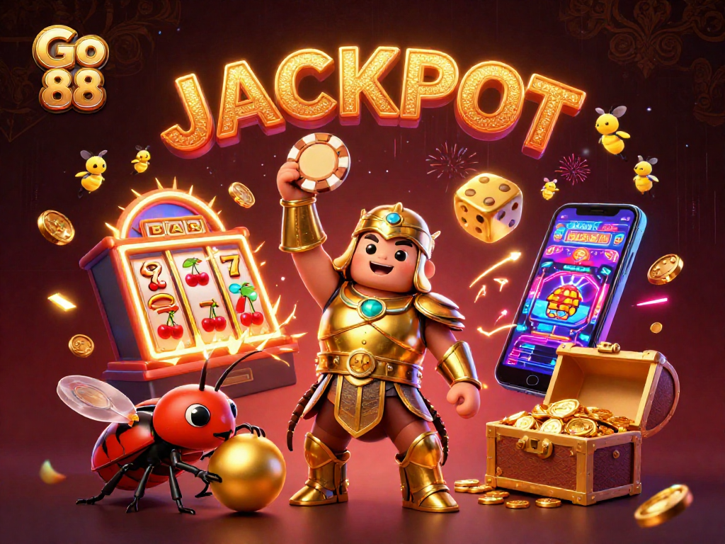 Celebrate a win at Go 88 with a golden beetle and jackpot explosion amidst vibrant casino elements.