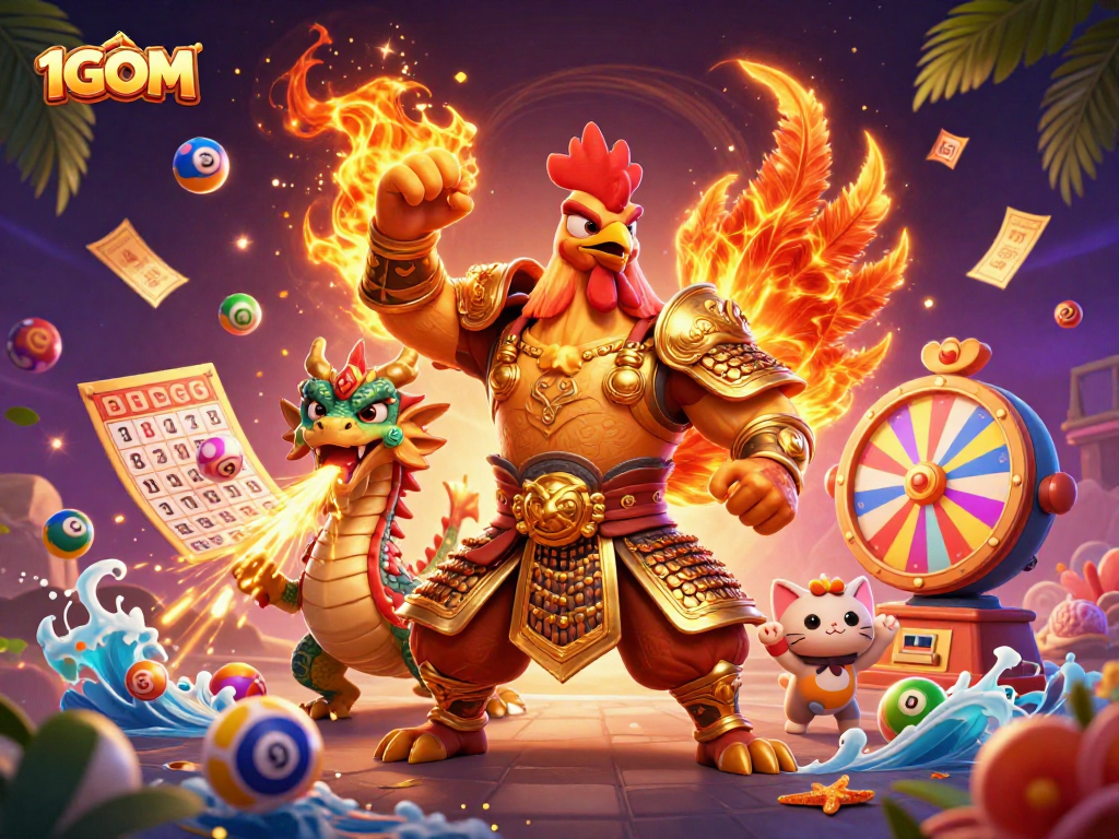 Engage with 1GOM's vibrant casino experience featuring a rooster warrior, dragon hatchling, and fortune cat.