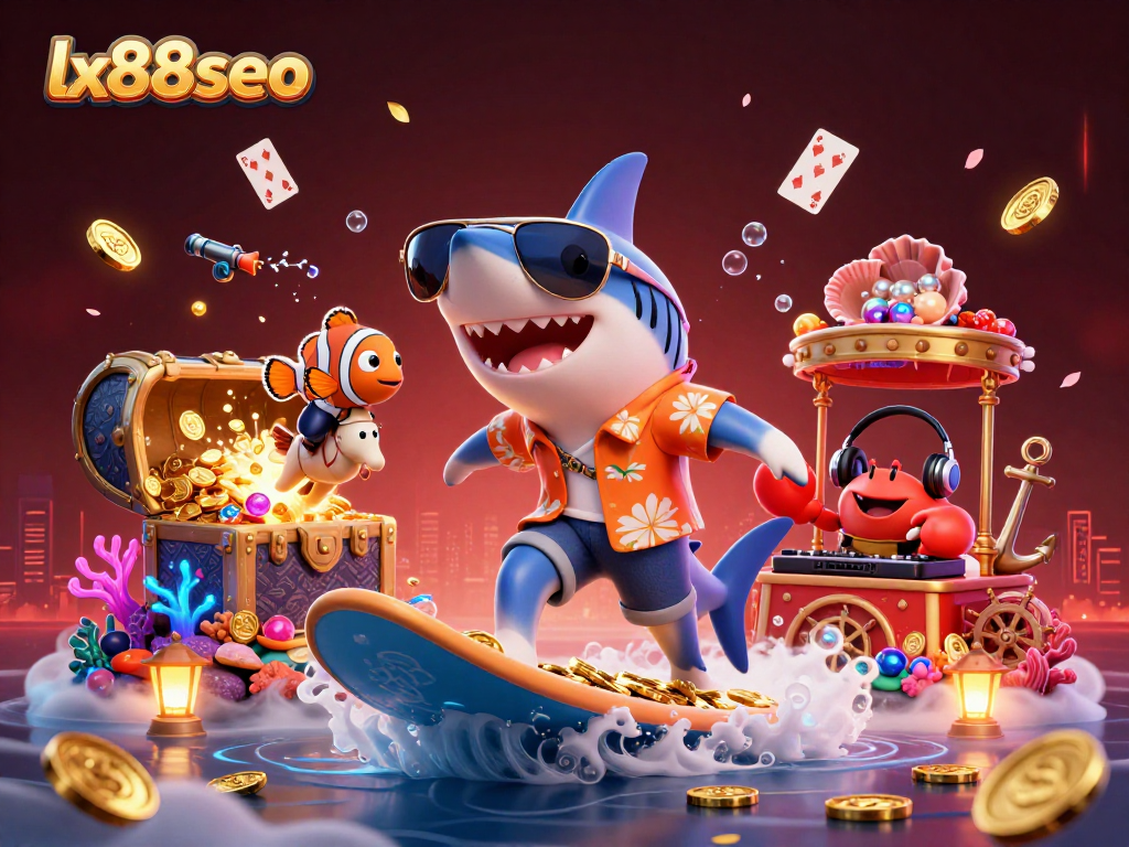 Experience the thrilling lx88seo adventure with a surfing shark and vibrant sea life amidst gold coins.