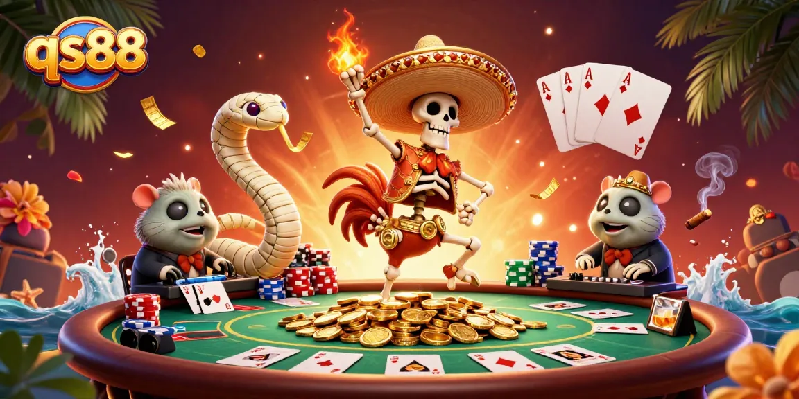 qs88 showcases vibrant casino action with a dancing skeleton and poker elements.