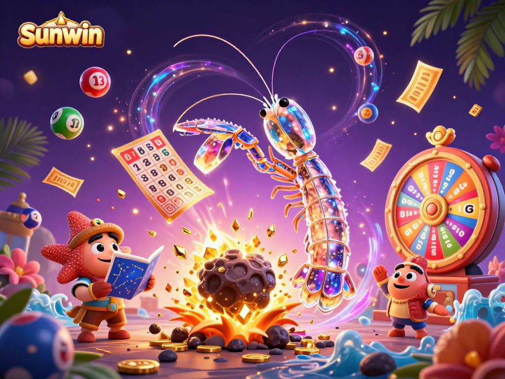 sunwin casino showcases a galactic samurai mantis shrimp winning with golden gems and lottery balls