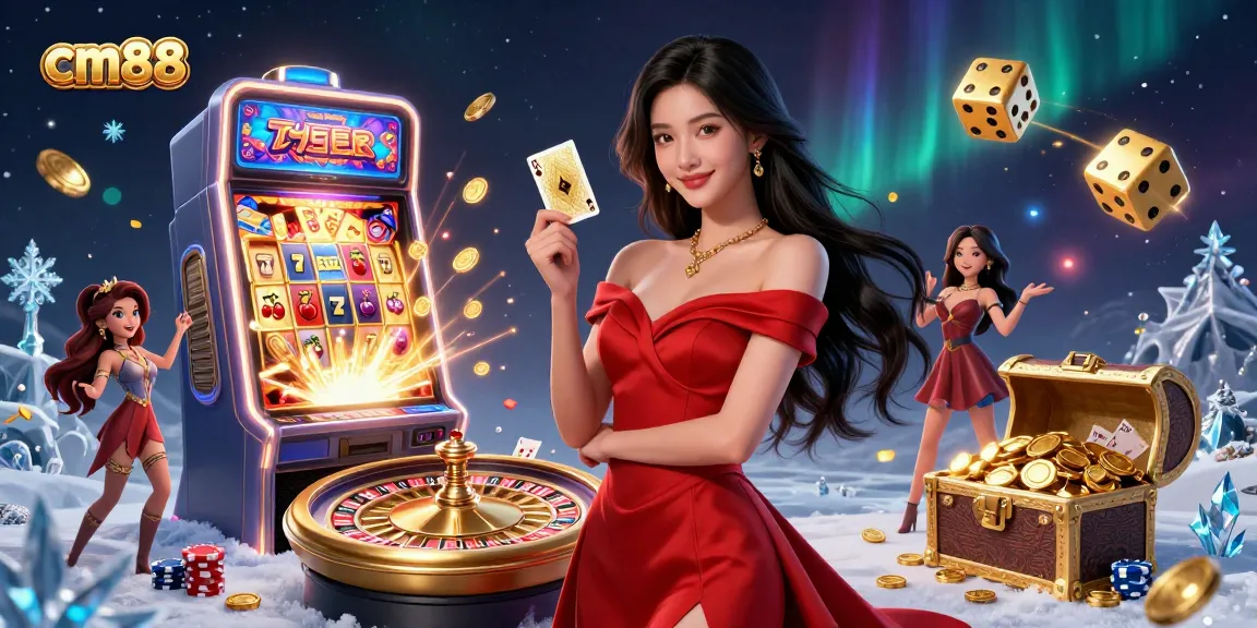Experience CM88 with an elegant Asian woman holding a playing card amidst vibrant casino elements.