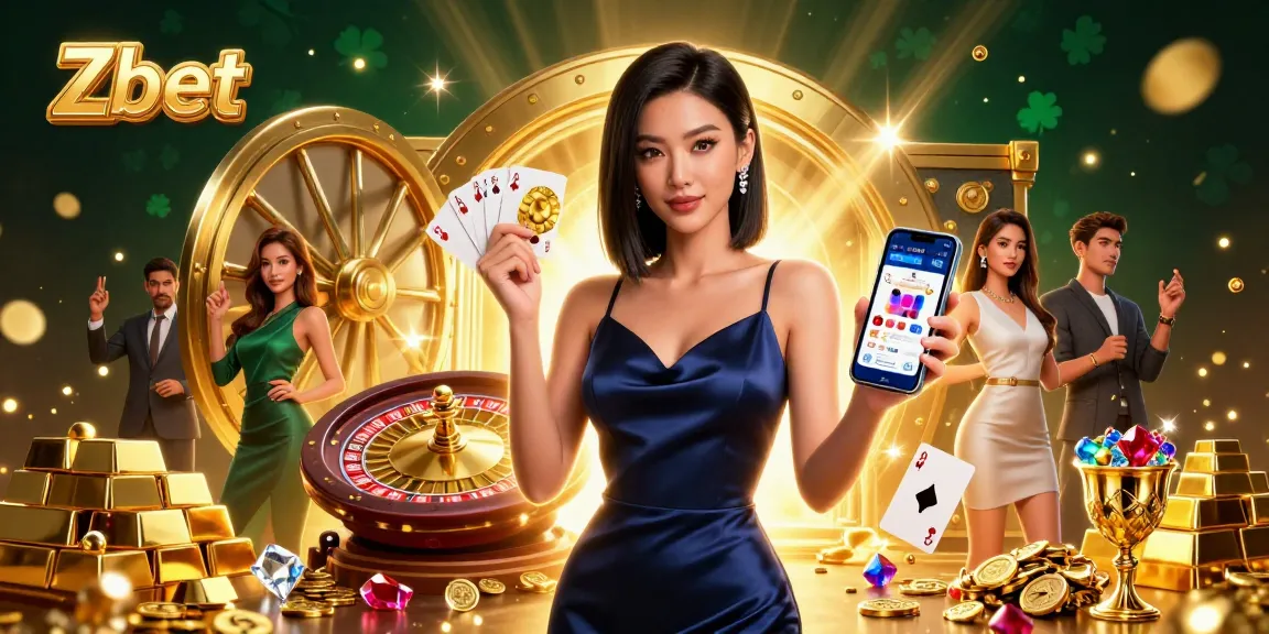 Zbet showcases an Asian woman confidently holding a golden chip and a mobile app in a vibrant casino scene.