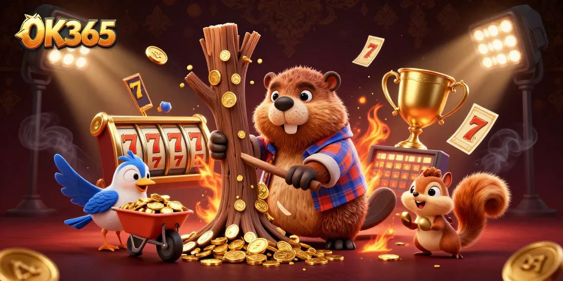 Experience thrilling gameplay with OK365 as the lumberjack beaver celebrates winning with golden coins.