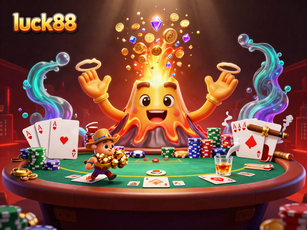 Experience thrilling gameplay with luck88 as a lively volcano erupts treasures and poker elements.