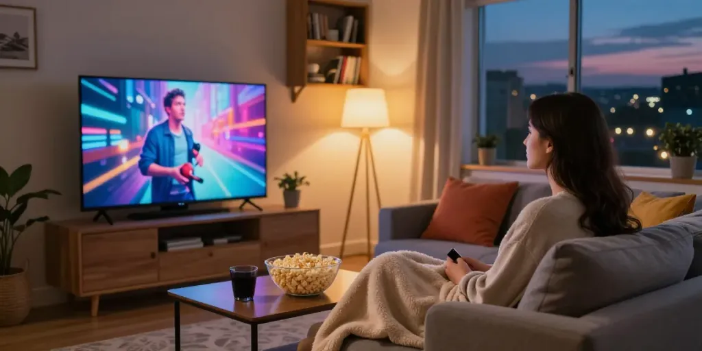 Cozy living room scene showcasing idlix streaming on smart TV with popcorn and warm lighting.