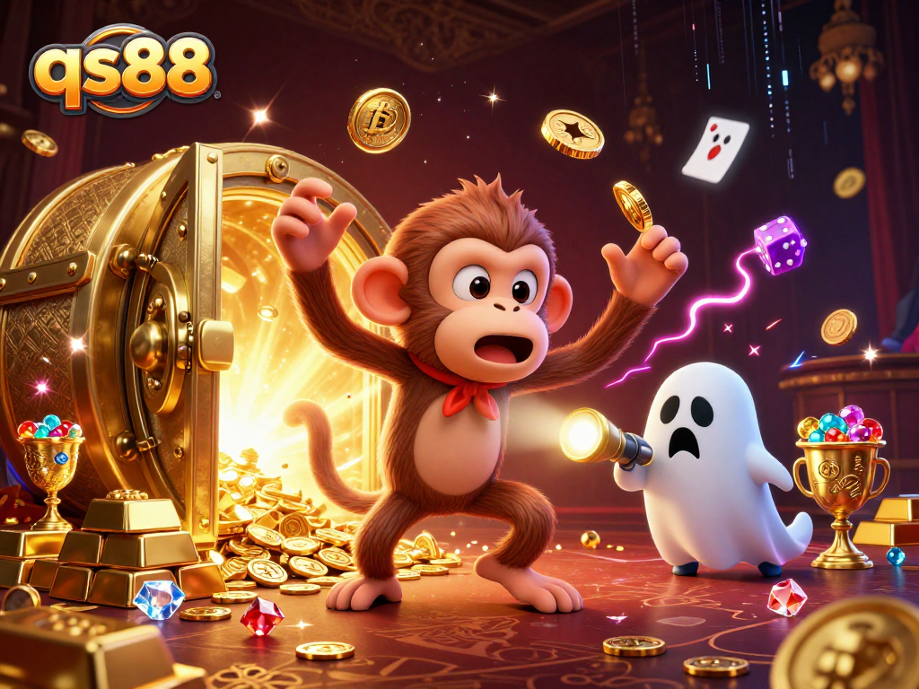 Win big at qs88 with a mischievous monkey juggling gold in a haunted casino scene.