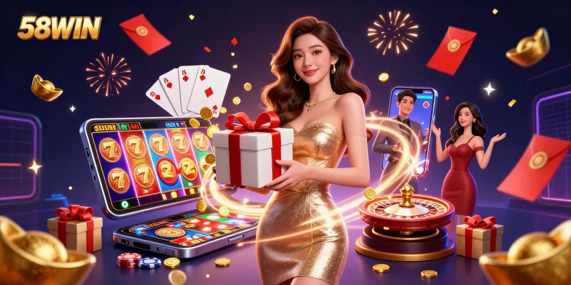 Experience the thrilling excitement of 58WIN with a stunning casino scene featuring golden coins and rewards.