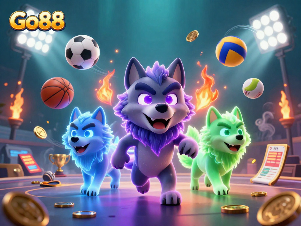 Experience the excitement of Go88 with glowing wolves and dynamic sports elements in a captivating casino scene.
