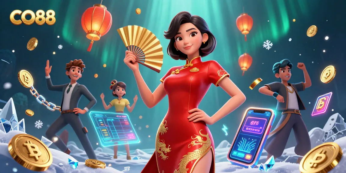 Engage with CO88 in a vibrant 3D casino scene with Asian beauty, crypto elements, and vivid colors.