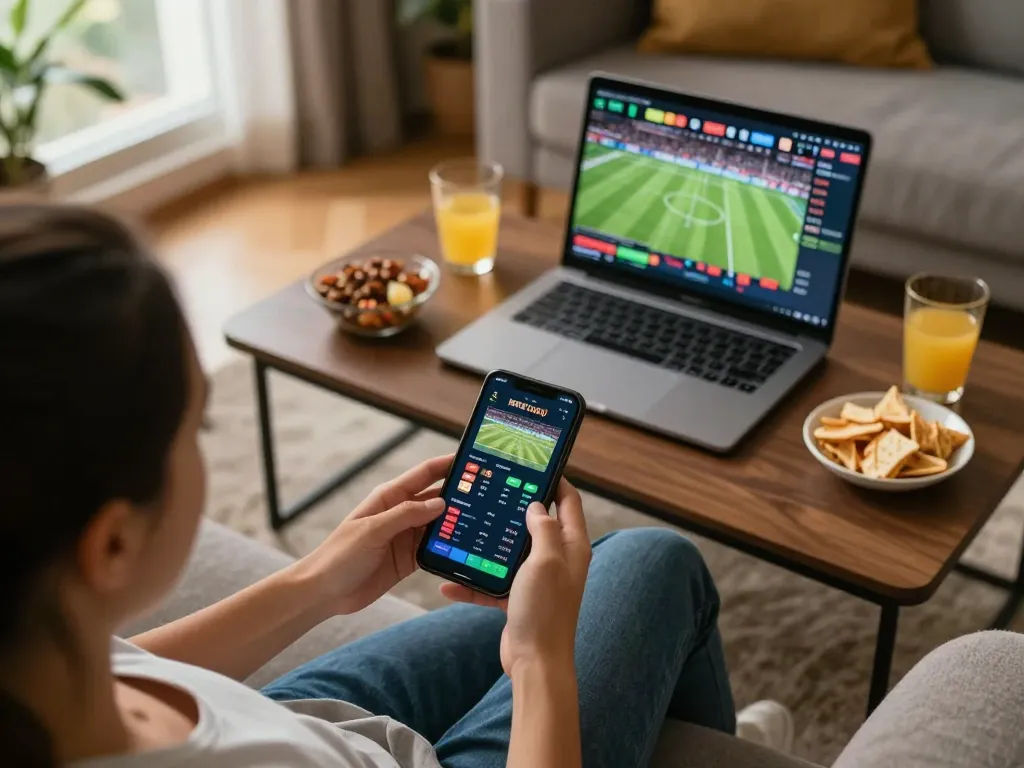 Engaging in online sports betting with https://ok904.com/ in a cozy home setting, smartphone displaying live betting.