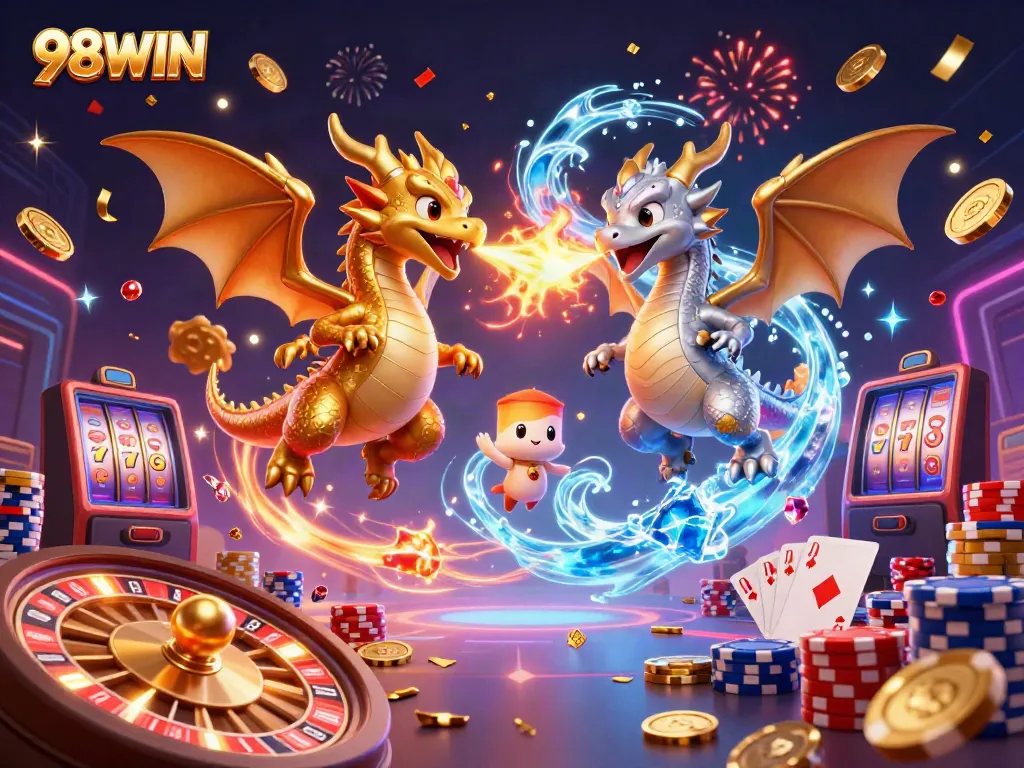 Experience the thrill of victory with 98WIN's exciting gaming elements in a vibrant 3D illustration.