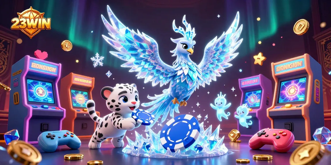 Experience the thrill of winning with 23WIN, featuring a magical 3D illustration of an ice phoenix and playful cub.
