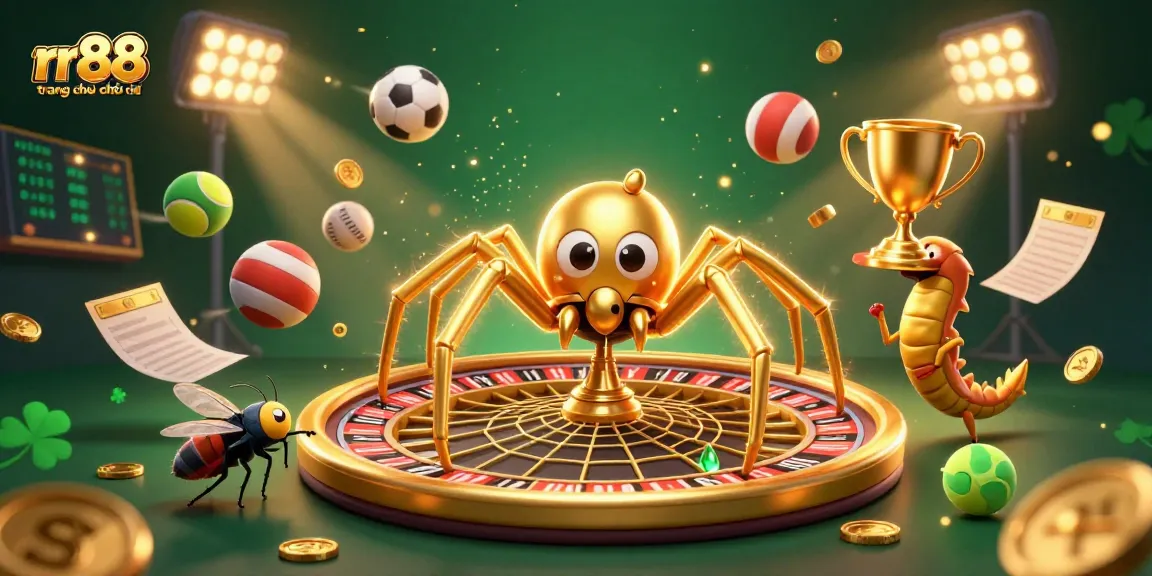 Engage with the rr88 trang chủ chính thức online betting extravaganza featuring a golden spider web roulette inspired scene.