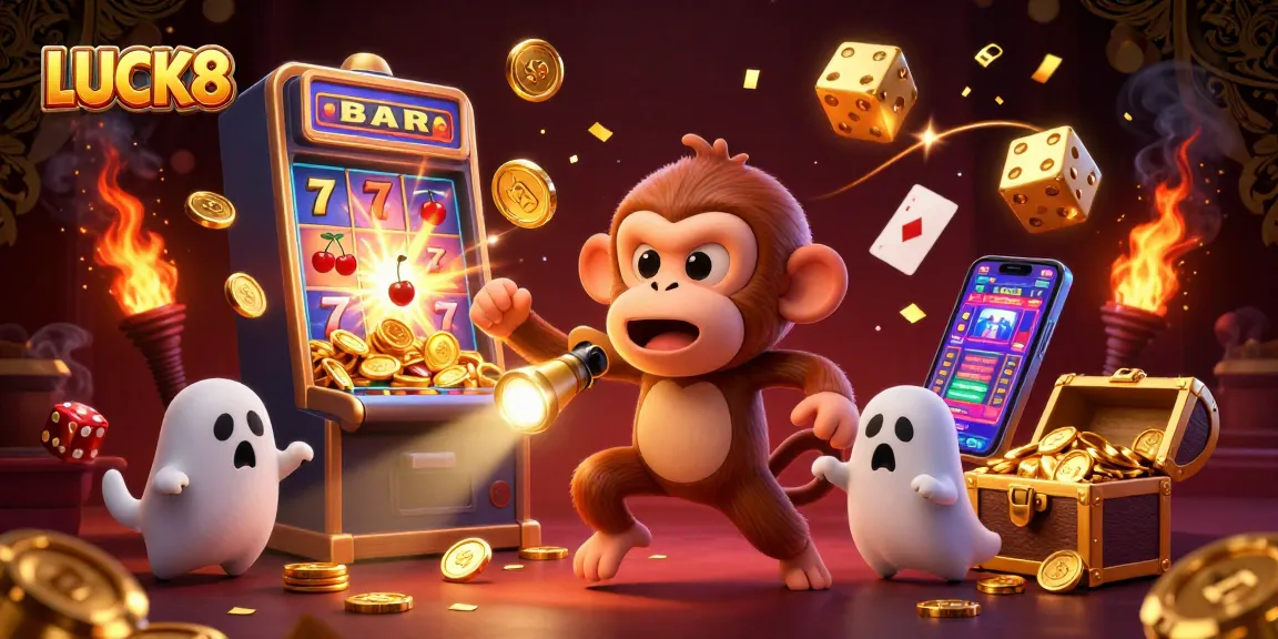 LUCK8 engages players in a thrilling casino adventure with golden juggles and a mischievous ghost-hunter pup.