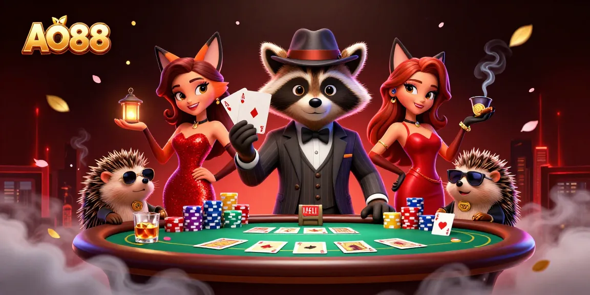 Engage in poker action at AO88 with a suave raccoon, a fox lady, and a bouncer in a vibrant casino scene.