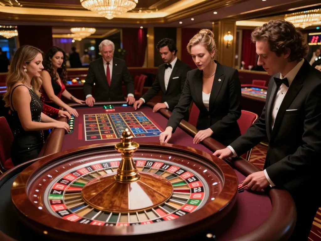 five88 players placing bets at a roulette table in an upscale casino environment