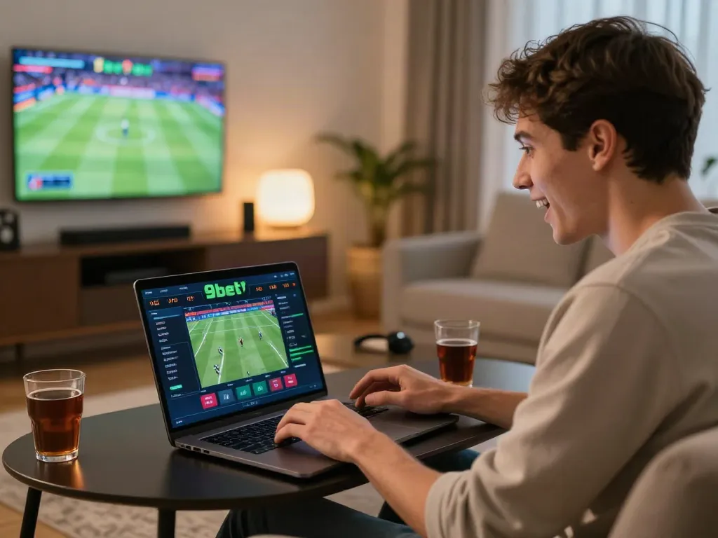 Online betting experience at home with 9bet platform and sports broadcasting.