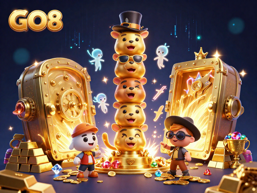Experience thrilling gameplay with GO8 as vibrant casino treasures and a dynamic totem pole come to life in this vivid illustration.