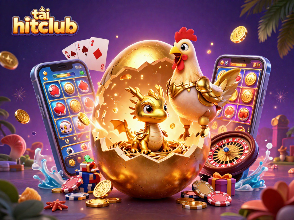 Engage in thrilling gaming with tải hitclub, featuring a golden baby dragon and poker chips.
