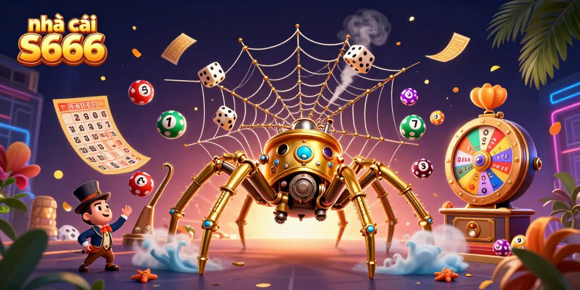 Engage with nhà cái S666 in this vibrant 3D scene featuring lucky dice, colorful lottery balls, and dynamic casino elements.