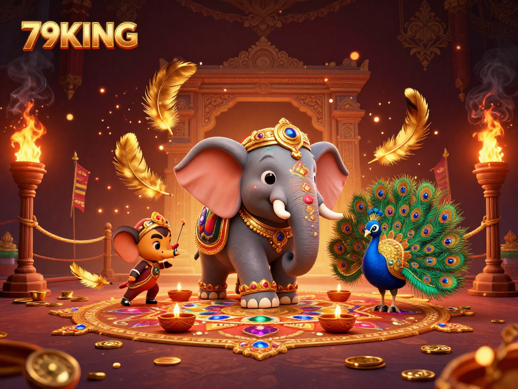 Engage with 79KING in a vibrant, dynamic casino scene featuring a Diwali-themed elephant and peacock.
