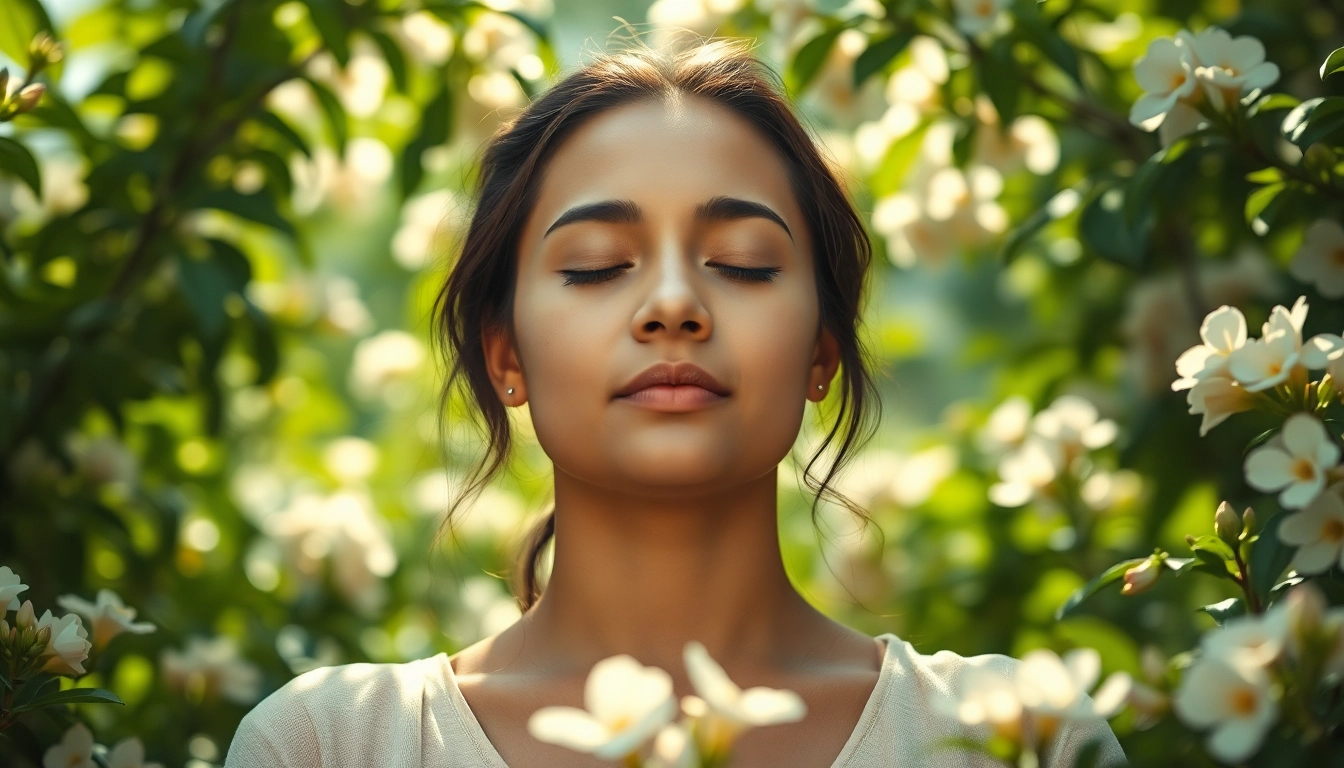 Meditation scene promoting mental wellness in a tranquil garden setting.
