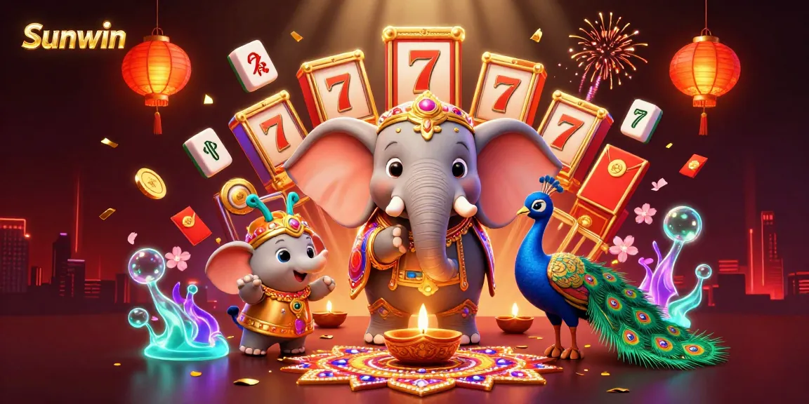 Sunwin players enjoying vibrant slot games amidst festive celebrations and colorful elements
