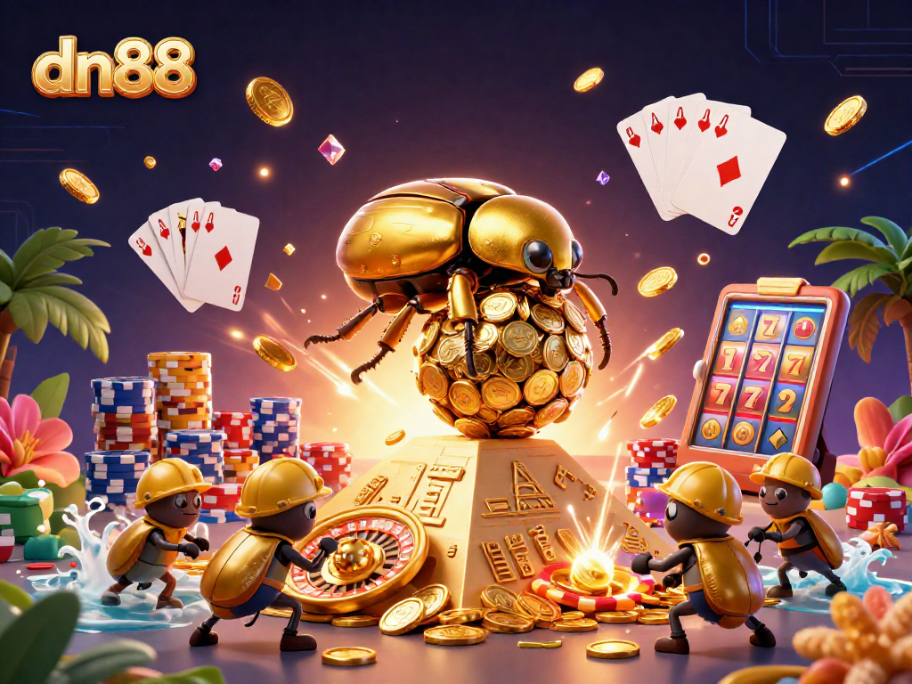 Experience dn88's exciting games with dazzling coins, roulette wheels, and lively beetles in action.