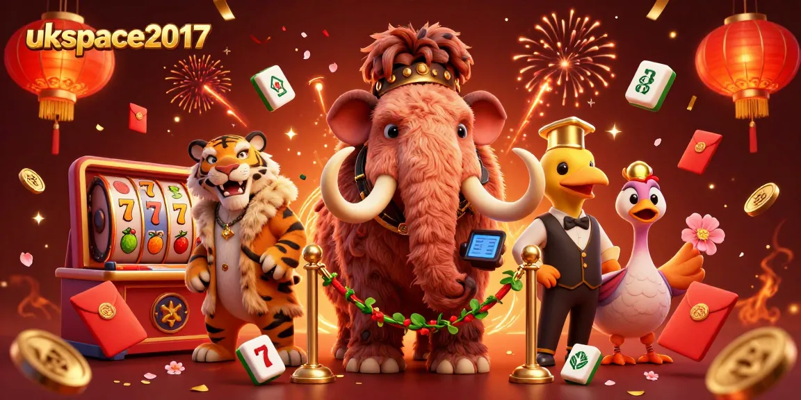 Engage with ukspace2017 at this lively casino scene, featuring a mammoth checking IDs amidst slot reels and colorful decorations.