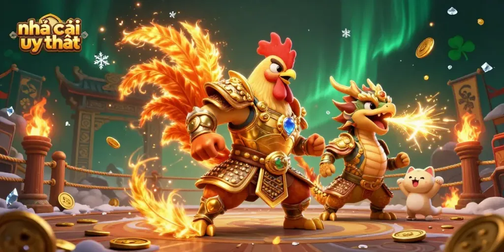 Discover nhà cái uy tín with this vibrant 3D illustration of a rooster warrior and dragon in a dynamic casino setting.