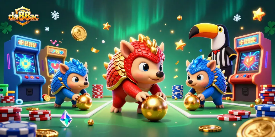 Engage with da88ac's vibrant gaming scene featuring rival pangolins and colorful casino elements.