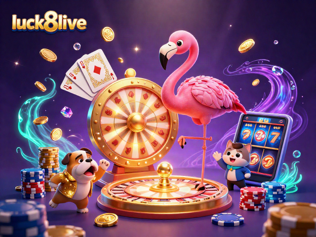 Experience the excitement of luck8live with a dynamic casino scene showcasing games and prizes.