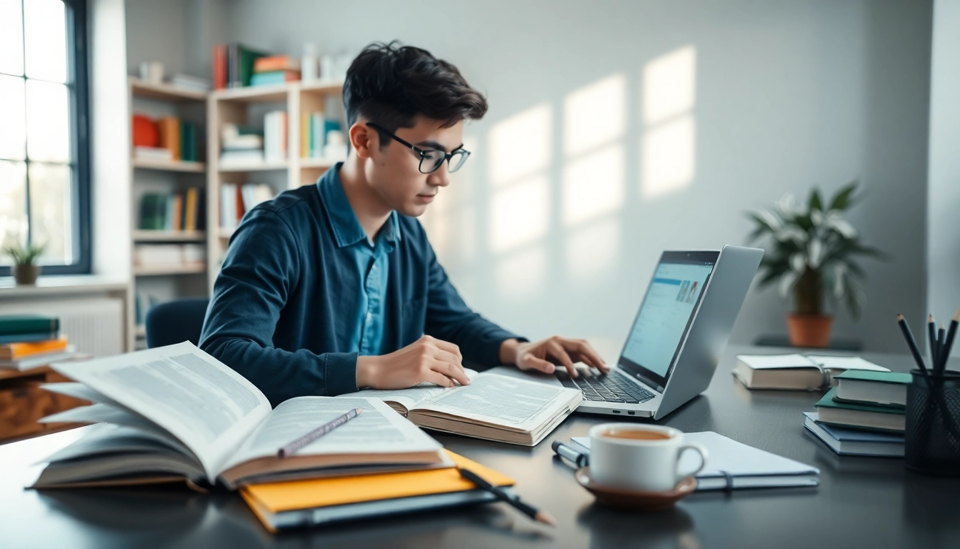 Engaged student receiving online exam assistance at a well-organized study space.