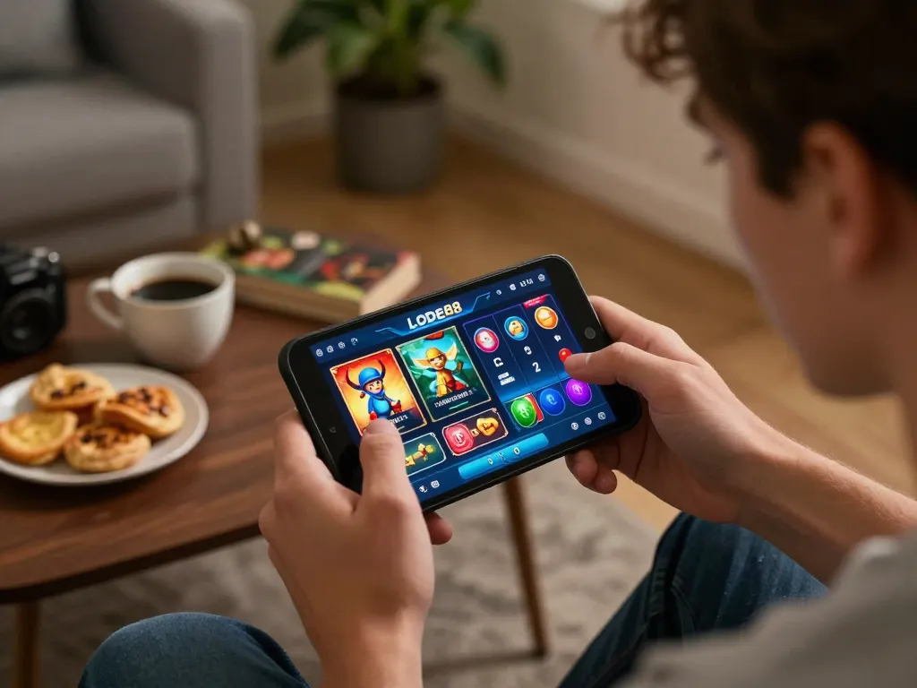 Lode88 user enjoying an online gaming experience on mobile, engaged in responsible gambling