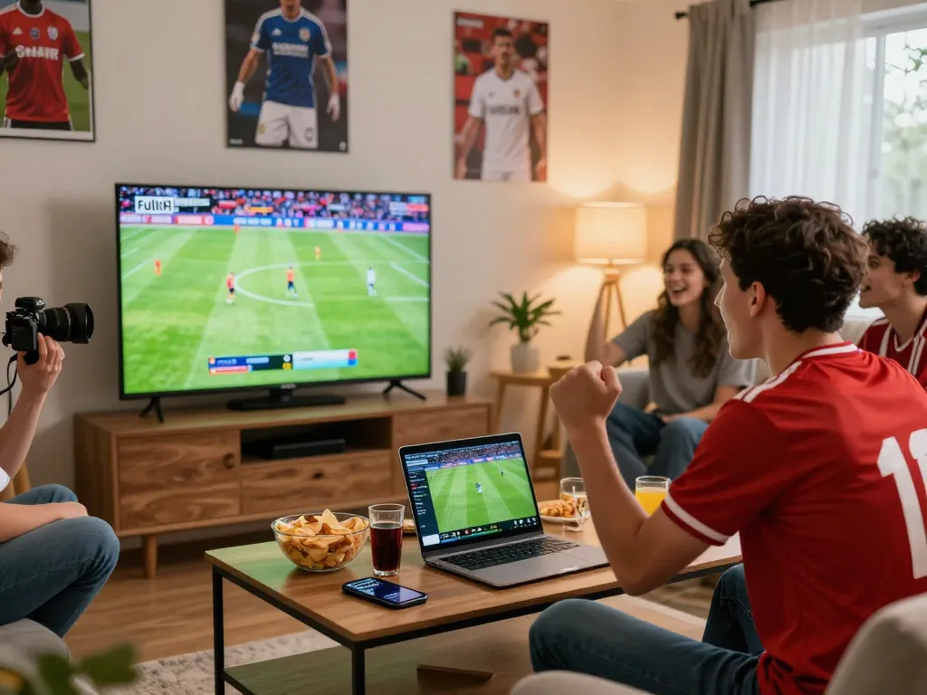 Okwintv fan enjoying Full HD live football match with friends in cozy living room.