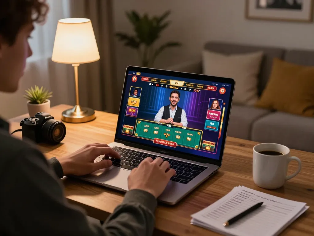 Player engaging with LC88 online casino's live dealer game on a laptop, showcasing strategic gameplay.