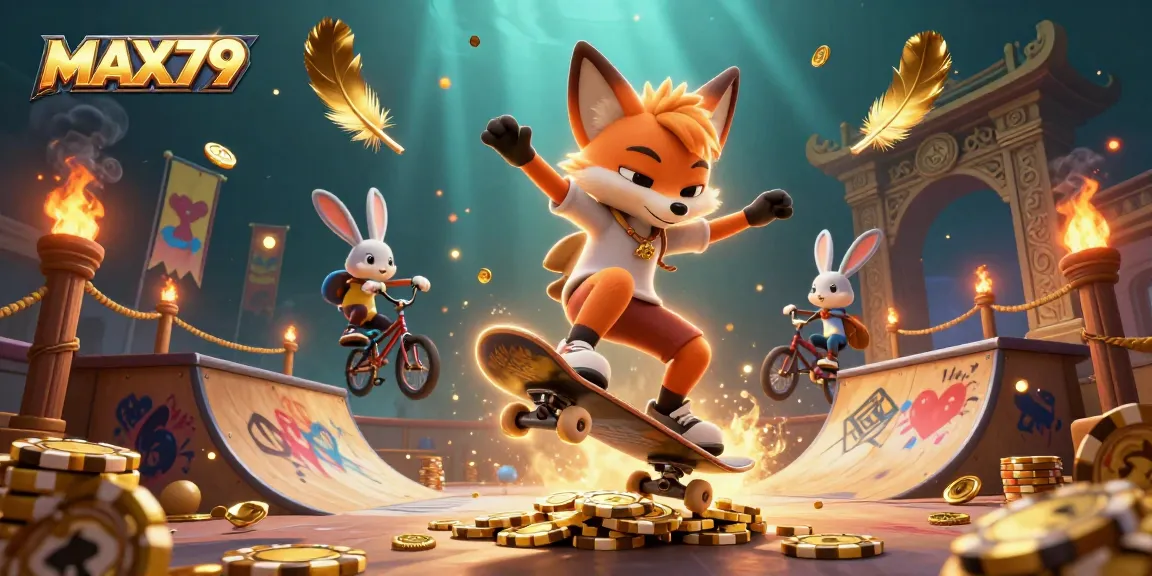 Experience thrilling gameplay at MAX79 with dynamic casino-themed 3D illustration featuring vibrant characters and exciting elements.