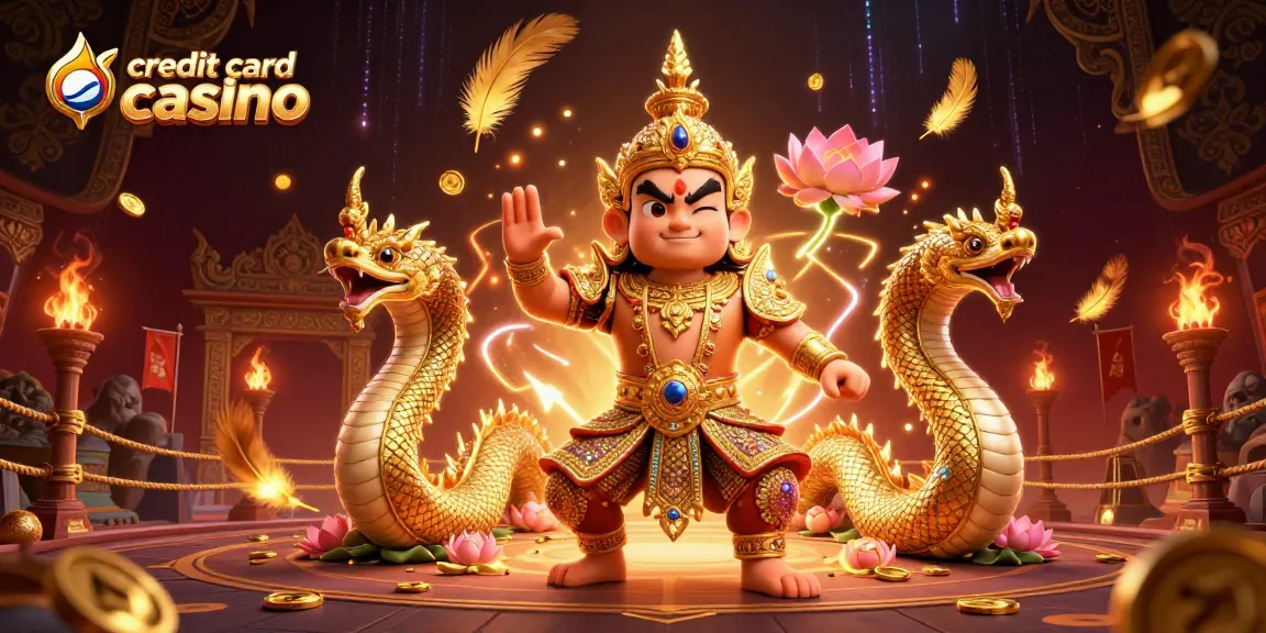 Experience the thrill of a credit card casino with animated guardians, gold coins, and betting tokens.