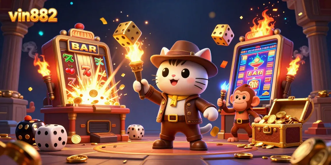 Interact with winning slots and casino games at vin882 with vibrant 3D illustrations.
