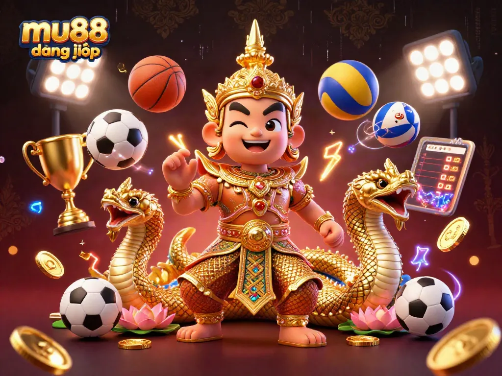 Engage in mu88 đăng nhập gaming with vibrant elements like sports balls and golden trophies.