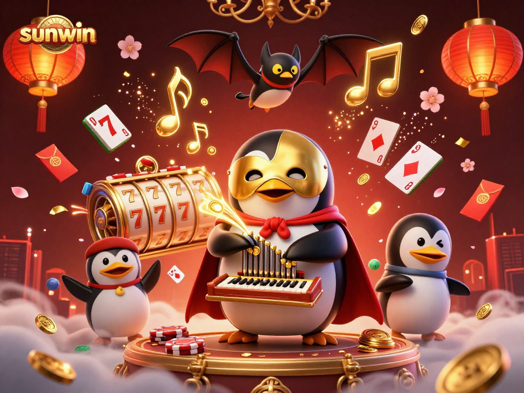 sunwin showcases a thrilling casino scene with a penguin organist and vibrant slot reels.