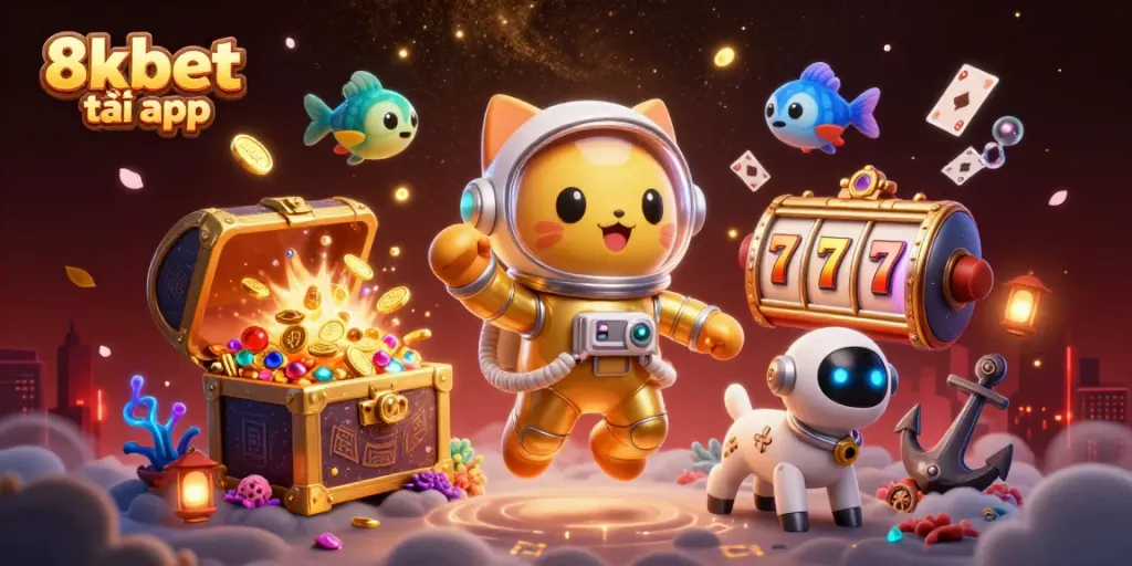 Engage with 8xbet tải app in an ultra-detailed 3D gaming space illustration showcasing space-themed characters and casino elements.