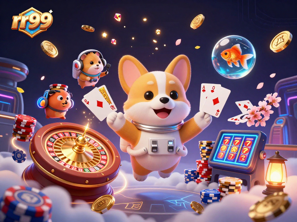 Experience thrilling gaming with rr99's vibrant casino scene featuring a playful, floating astronaut corgi.