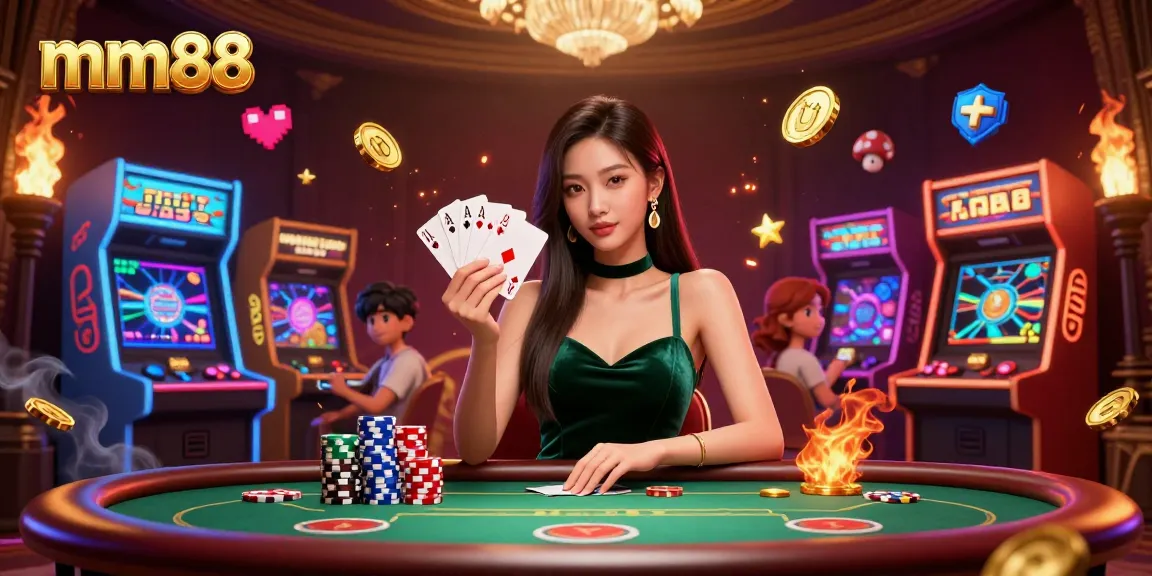 Exciting mm88 poker scene with a skilled player holding cards at a luxury table surrounded by vibrant gaming elements.