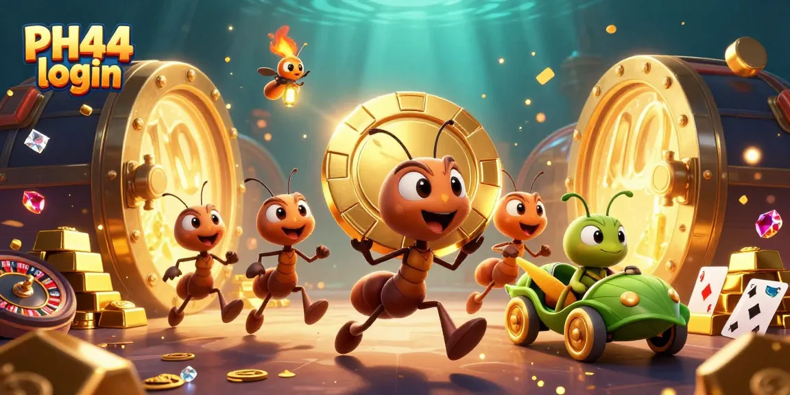 Engage with PH44 login for your gaming journey through a vibrant casino heist scene.
